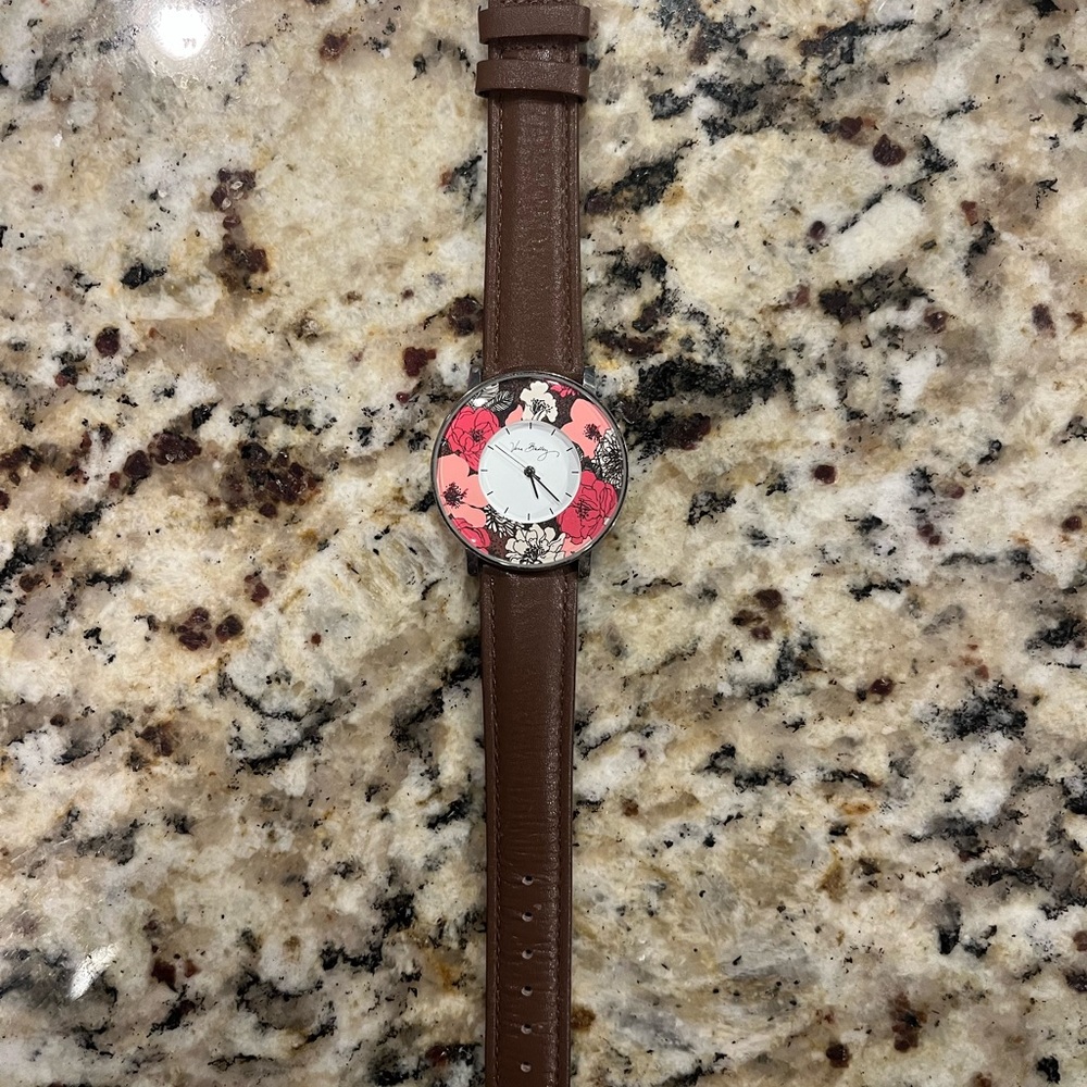 Vera Bradley Brown and Pink Floral Face, Silver Face. Brown Leather Strap